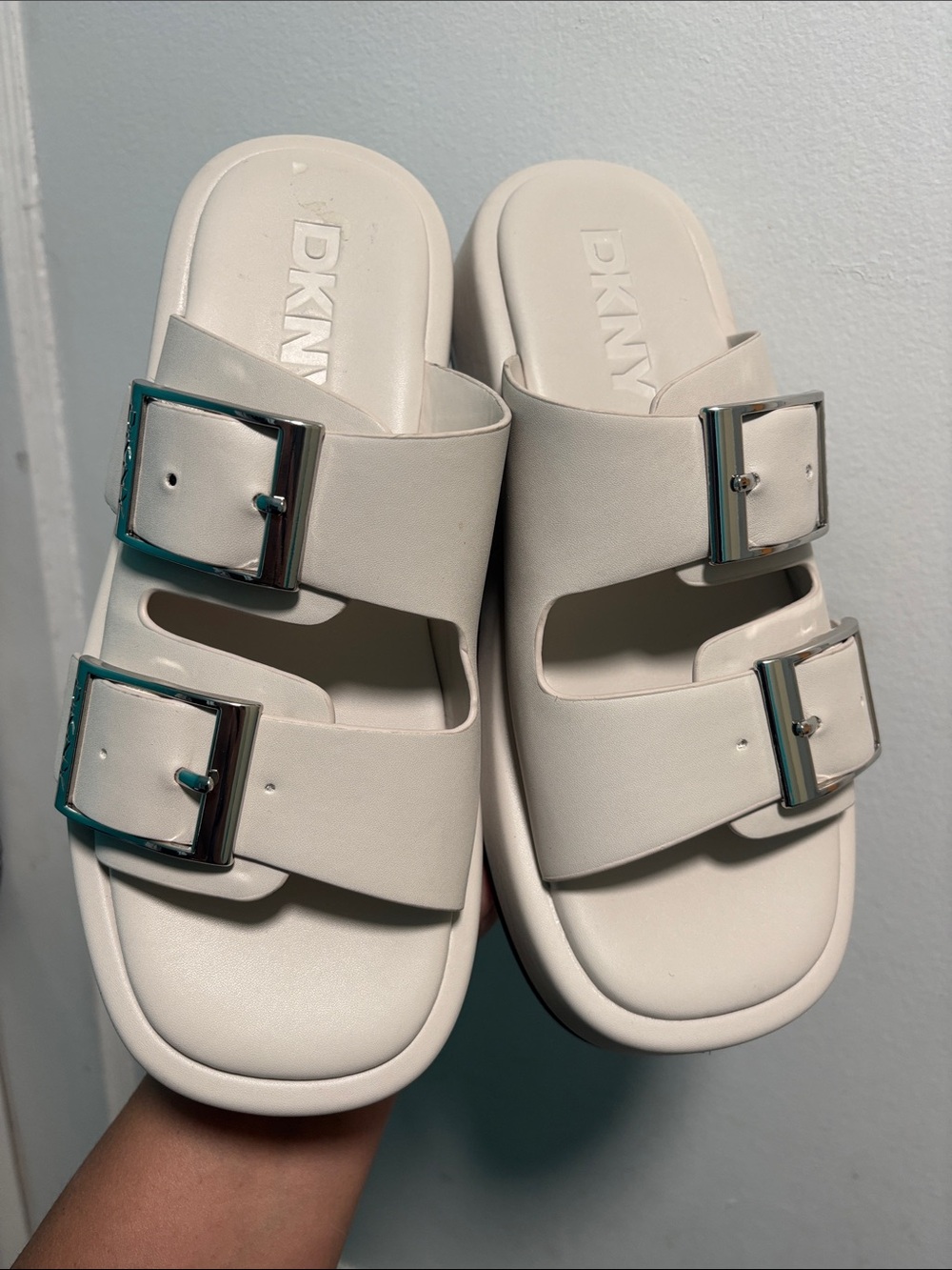 DKNY White Double-Buckle Slide Sandals with Silver Buckles